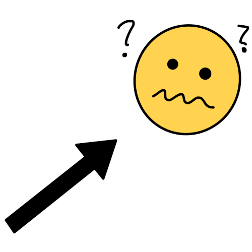 a black arrow pointing to an emoji-yellow face with a smile and a thumbs up next to it, and a vertical line with up and down arrows to imply nodding. it's all outlined in whhite.